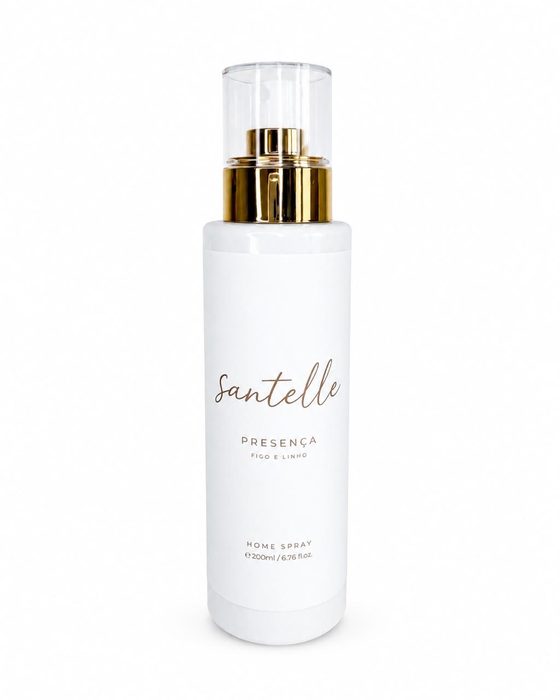 Home spray Presença em frasco branco com bomba dourada