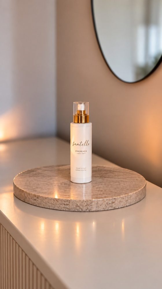 Home spray Presença sobre tabuleiro de pedra, junto a um espelho redondo