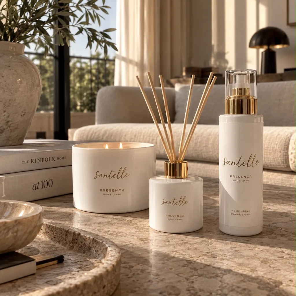 Vela, difusor e home spray Presença numa sala com luz de fim de tarde