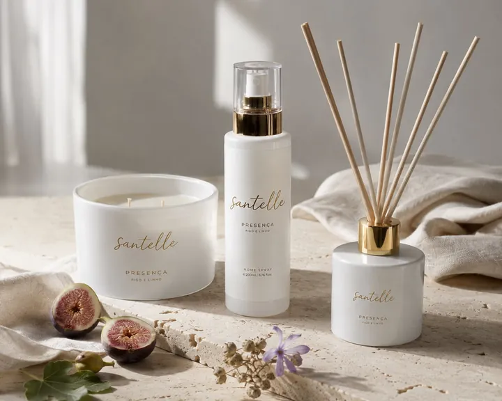 Kit completo Presença sobre travertino, com figos frescos e linho